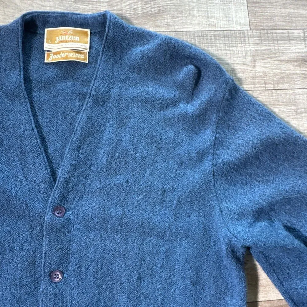 Jantzen Vintage Mens L Blue Marl Knit Button Front Cardigan Sweater Made in USA